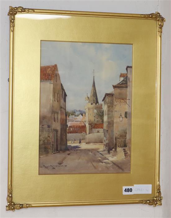 Simonoux, watercolour, The Old Town Church, St Peters Port, Guernsey, signed, 34 x 25cm